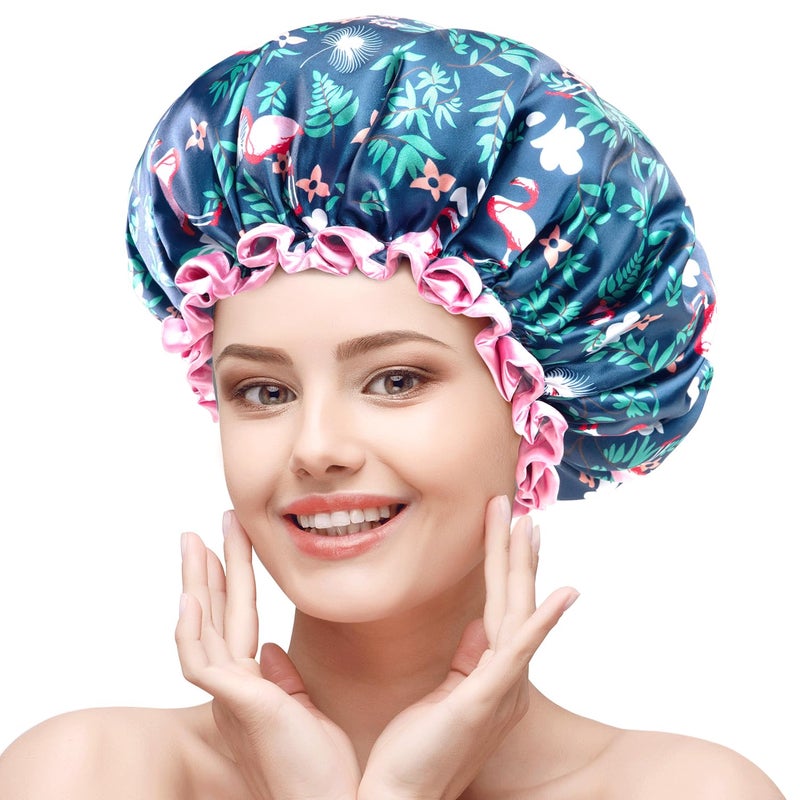 mikimini Large Shower Cap for Women Long Hair 2 PackFlamingo Shower Caps with Pink Lace Doublelayer Waterproof Reusable WashableXLarge Pack of 2